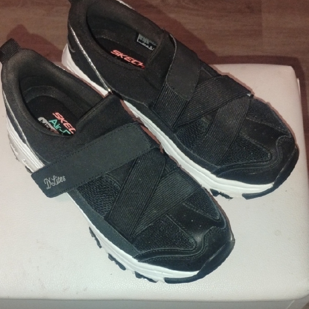 Skechers D Lites Black and White Slip-On Sneakers